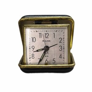 VTG Bulova Quartz Travel Alarm Clock Black Gold Folding Case Tested Working 70s